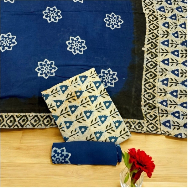 New Launch – Batik Contrast Cotton Suit Set (Top, Bottom & Dupatta) - Blue (Unstitched)