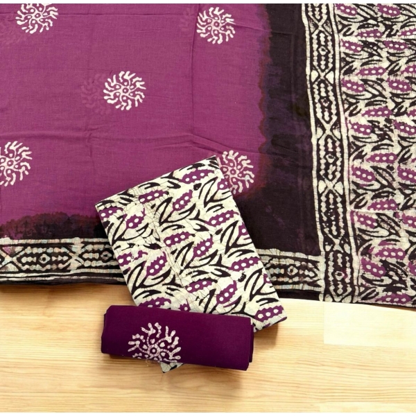 New Launch – Batik Contrast Cotton Suit Set (Top, Bottom & Dupatta) - Purple (Unstitched)
