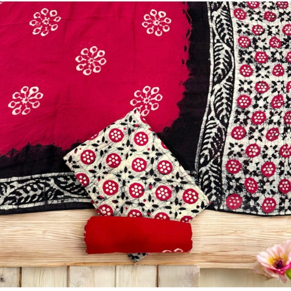 New Launch – Batik Contrast Cotton Suit Set (Top, Bottom & Dupatta) - Red (Unstitched)