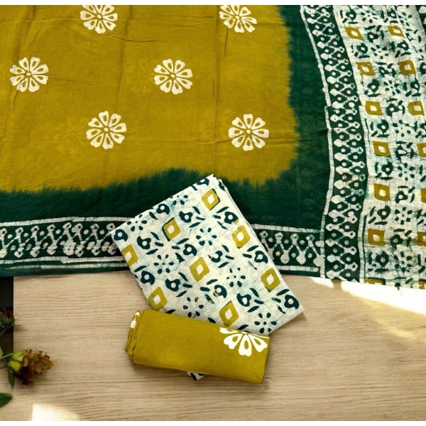New Launch – Batik Contrast Cotton Suit Set (Top, Bottom & Dupatta) - Yellow (Unstitched)
