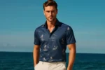 The Azure Coast: Men's Tropical Print Resort Shirt in Navy Blue
