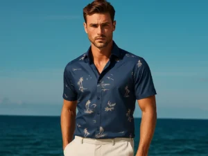 The Azure Coast: Men's Tropical Print Resort Shirt in Navy Blue
