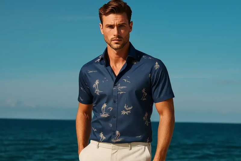 The Azure Coast: Men's Tropical Print Resort Shirt in Navy Blue