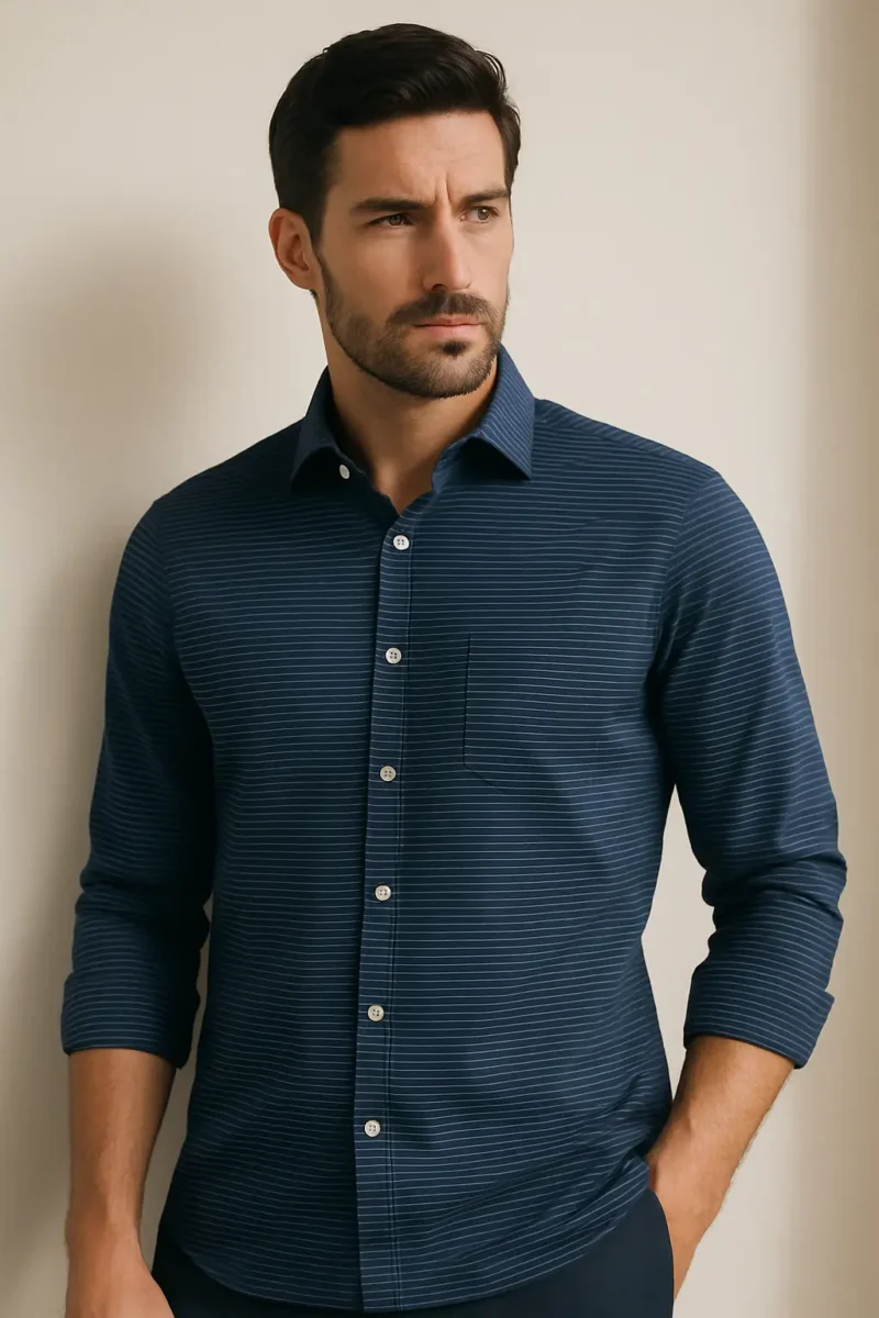 Men's Navy Blue Striped Full Sleeve Shirt | Premium Cotton Casual Wear