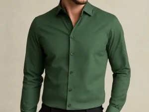 Man wearing a solid bottle green slim fit full-sleeve shirt with black formal trousers against a neutral background.