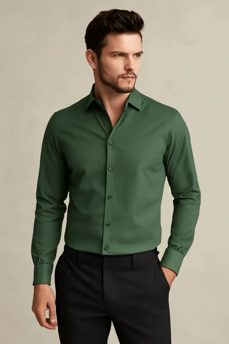 Man wearing a solid bottle green slim fit full-sleeve shirt with black formal trousers against a neutral background.