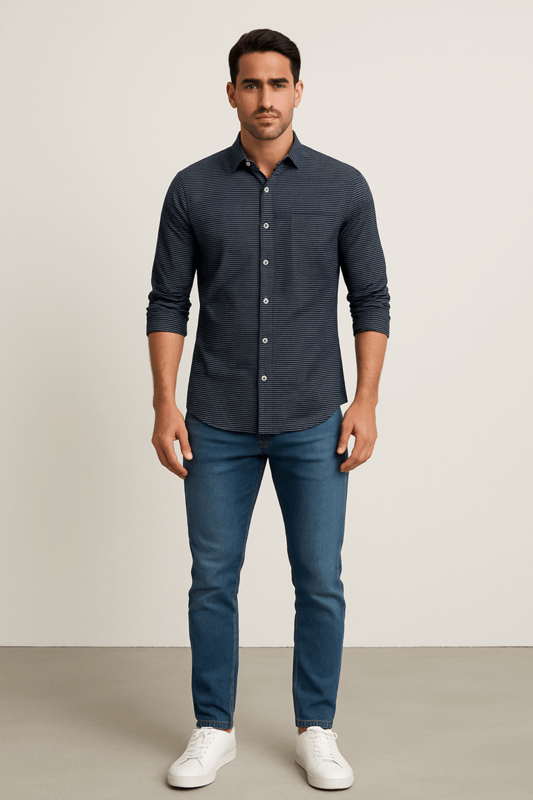 Man wearing a navy blue slim fit full-sleeve shirt with horizontal stripes, paired with blue jeans and white sneakers.